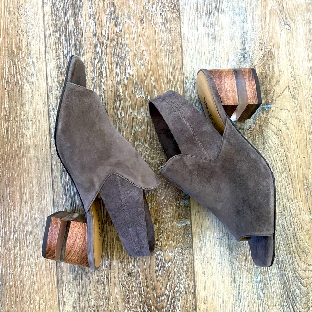 Vaneli Brown Suede Mules with Wooden Heel